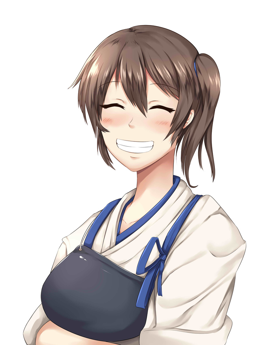 :d ^_^ absurdres brown_hair closed_eyes crossed_arms facing_viewer grin highres japanese_clothes kaga_(kantai_collection) kantai_collection long_hair muneate open_mouth side_ponytail simple_background smile solo tasuki wangphing white_background