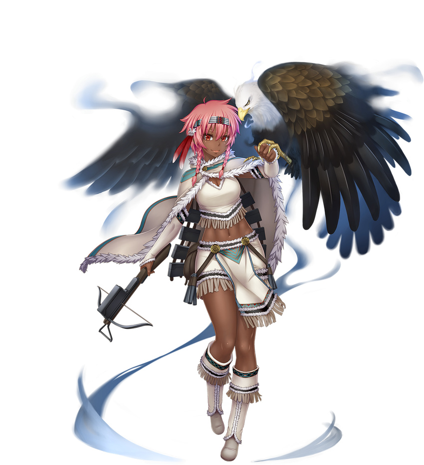 bird bird_on_hand boots bow_(weapon) braid breasts cleavage crossbow eagle fringe_trim full_body fur_trim gochou_(kedama) headband highres holding holding_weapon medium_breasts midriff navel pink_eyes red_eyes sennen_sensou_aigis short_hair_with_long_locks side_braid skirt smile solo sue_(sennen_sensou_aigis) transparent_background twin_braids weapon