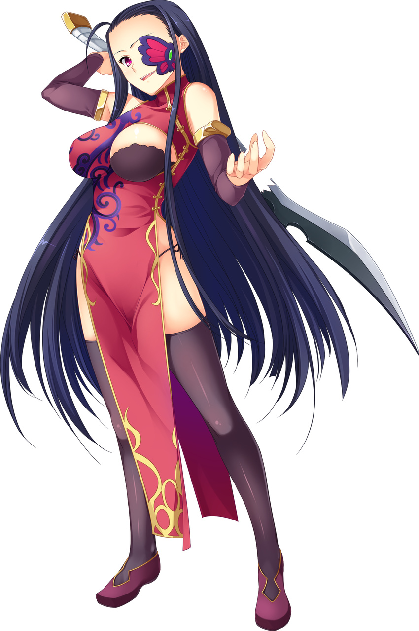 absurdres bare_shoulders black_hair black_legwear breasts china_dress chinese_clothes dress elbow_gloves eyepatch full_body gloves highres holding holding_weapon kakouton kantaka koihime_musou large_breasts long_hair looking_at_viewer open_mouth panties pelvic_curtain purple_eyes shoes side-tie_panties smile solo standing sword transparent_background underwear weapon