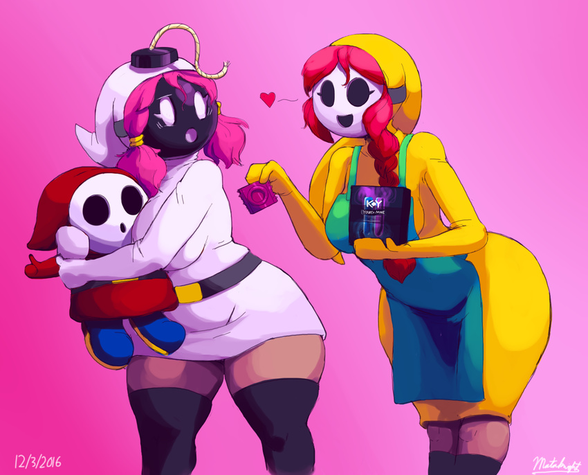 &lt;3 apron big_breasts blush bob-omb breasts clothing condom daughter eyelashes female group hair humanoid hybrid larger_female male mario_bros mask mataknight mother mother_and_daughter nintendo open_mouth outta_sync parent pink_background pink_hair shy-bomb shygirl shyguy simple_background size_difference smaller_male smile thick_thighs thumbs_up video_games wide_hips