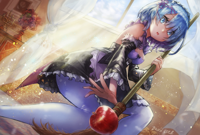 apple artist_name blue_eyes blue_hair breasts broom curtains david_lee day detached_sleeves eyebrows_visible_through_hair eyes_visible_through_hair flower food frilled_sleeves frills from_below from_side fruit fur_trim hair_ornament hair_over_one_eye holding holding_broom indoors maid maid_headdress medium_breasts open_mouth pantyhose portrait_(object) re:zero_kara_hajimeru_isekai_seikatsu reaching_out rem_(re:zero) ribbon-trimmed_clothes ribbon_trim solo squatting sunlight vase white_legwear window x_hair_ornament