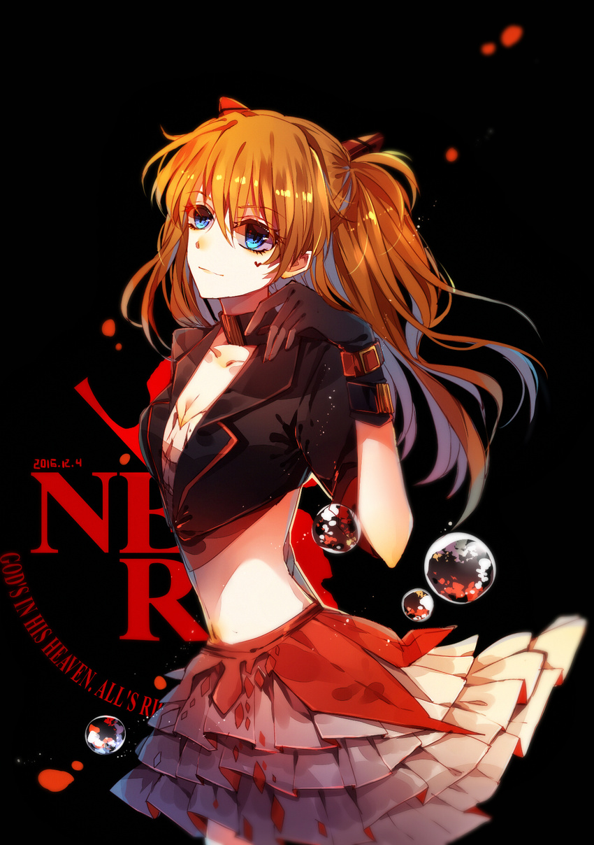 bad_id bad_pixiv_id bangs baocaizi black_gloves black_jacket blue_eyes breasts bubble choker cleavage closed_mouth collarbone commentary_request cowboy_shot cropped_jacket from_side gloves heart_tattoo highres jacket layered_skirt light_smile long_hair looking_to_the_side neon_genesis_evangelion orange_hair skirt small_breasts smile solo souryuu_asuka_langley tattoo two_side_up white_skirt