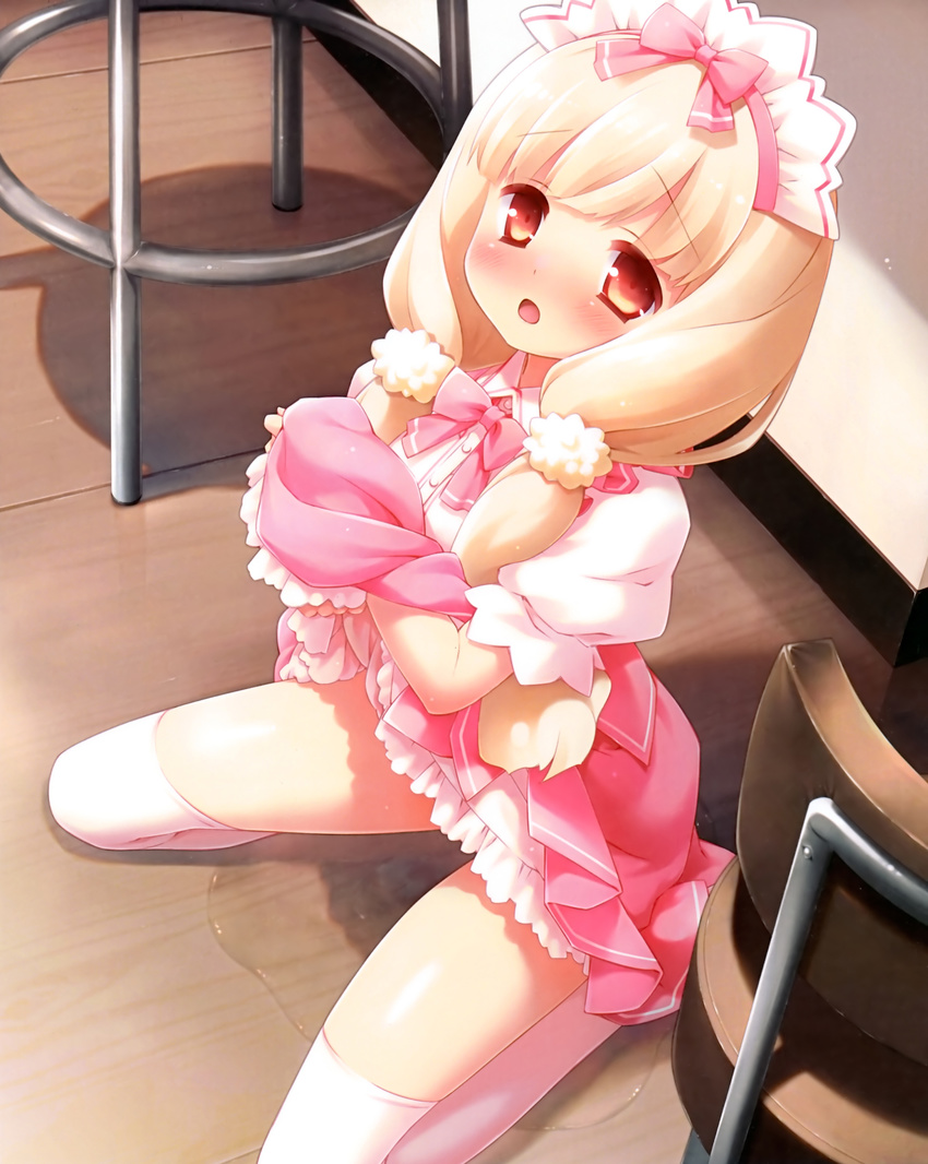 absurdres blonde_hair bow cafe_sourire embarrassed gayarou hair_bow highres kneeling lifted_by_self long_hair maid_headdress ogiwara_kyouko open_mouth pee peeing puffy_short_sleeves puffy_sleeves red_eyes short_sleeves skirt skirt_lift solo thighhighs twintails waitress white_legwear