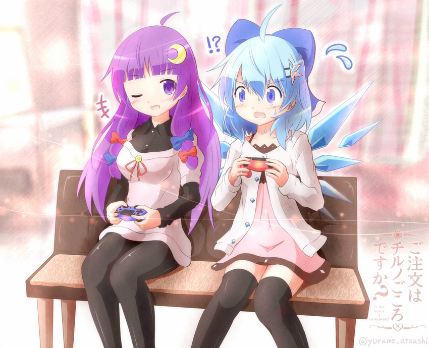 +++ 2girls :o ;d ahoge alternate_costume bangs bench black_legwear blue_eyes blue_hair blunt_bangs blush bow cardigan casual cirno contemporary controller crescent crescent_hair_ornament dress flying_sweatdrops game_controller hair_bow hair_ornament hair_ribbon hairpin holding ice ice_wings knees_together_feet_apart legs_together long_hair long_sleeves looking_at_viewer multiple_girls one_eye_closed open_mouth pantyhose park_bench patchouli_knowledge pink_dress playing_games playstation_controller purple_eyes purple_hair ribbon short_hair sitting smile sweatdrop sweater thighhighs touhou translated v-shaped_eyebrows wings yurume_atsushi zettai_ryouiki