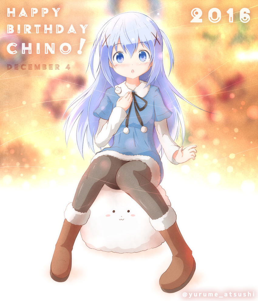 :o angora_rabbit blue_eyes blue_hair blush bunny casual commentary_request gochuumon_wa_usagi_desu_ka? hair_ornament hairpin happy_birthday highres kafuu_chino long_hair looking_at_viewer riding tippy_(gochiusa) yurume_atsushi