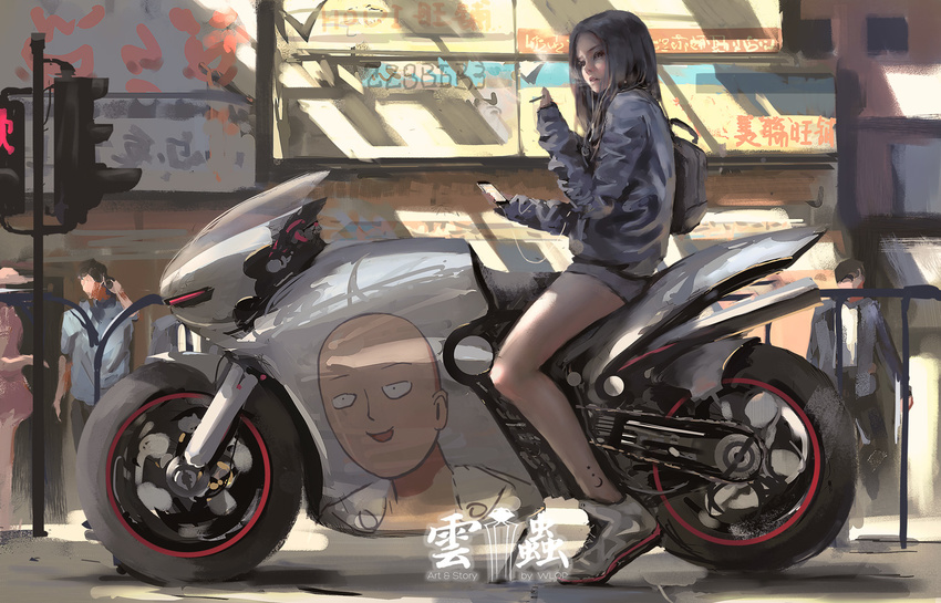 backpack bag brown_hair cellphone cigarette commentary ground_vehicle holding holding_phone itasha jacket long_hair looking_afar motor_vehicle motorcycle one-punch_man original phone road saitama_(one-punch_man) shoes shorts sitting sketch smartphone smoking sneakers solo_focus street wlop