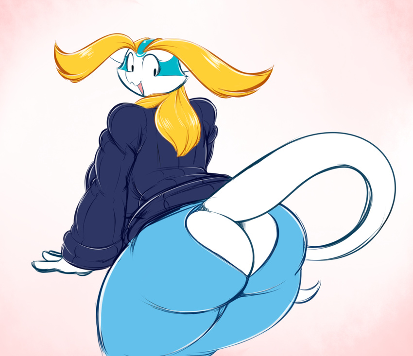 aijou anthro averyshadydolphin big_breasts big_butt blonde_hair breasts butt clothing dragon easy_access hair huge_breasts huge_butt open_mouth smile sweater yoga_pants