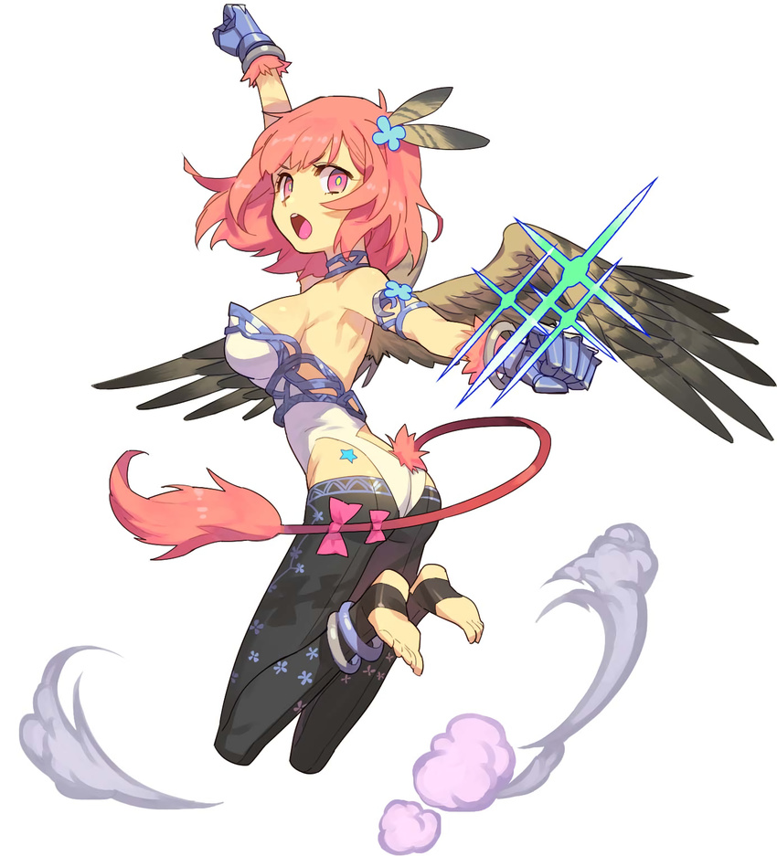 anywhere_dundeon arm_up bright_pupils feathers flower full_body gloves hair_feathers hair_flower hair_ornament highres open_mouth outstretched_arm pink_eyes pink_hair short_hair simple_background solo star_tattoo tail tattoo toeless_legwear tsubasamusume_sphere white_background wings