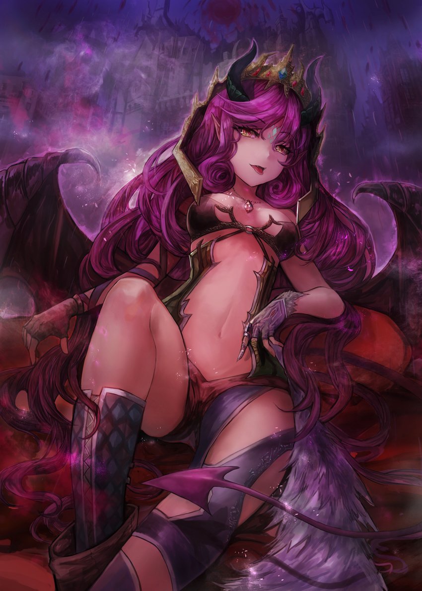 absurdres breasts breasts_apart david_lee demon_girl demon_horns demon_tail demon_wings eyebrows_visible_through_hair facial_mark fangs forehead_mark hair_between_eyes highres horns jewelry kneehighs long_hair looking_at_viewer medium_breasts navel necklace o-ring o-ring_top open_mouth original pink_hair pointy_ears sitting slit_pupils solo succubus tail tongue tongue_out very_long_hair wings yellow_eyes