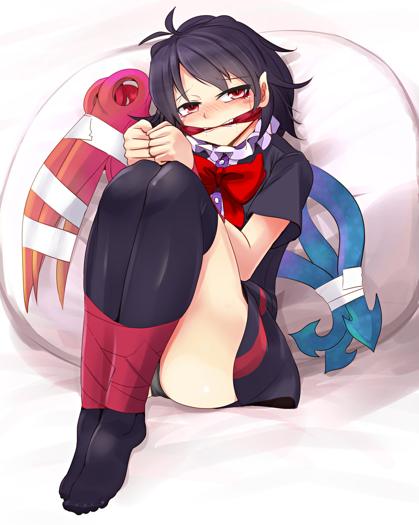 absurdres antenna_hair ass asymmetrical_wings black_dress black_hair blush bound bound_ankles bound_wings bound_wrists bow bowtie commentary_request crying crying_with_eyes_open dress full_body gag highres houjuu_nue improvised_gag legs_together looking_at_viewer nama_shirasu nose_blush over-kneehighs panties pantyshot pantyshot_(sitting) pointy_ears red_bow red_eyes red_neckwear restrained saliva short_dress short_sleeves sitting solo tears thighhighs thighs touhou underwear wings