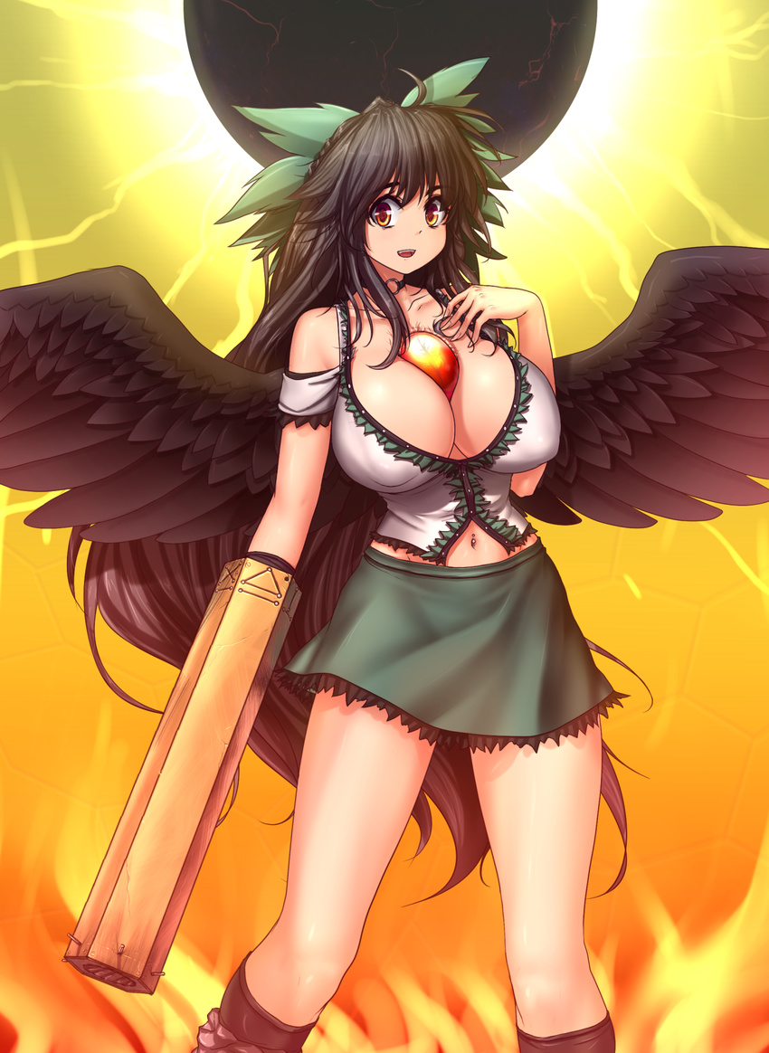 :d arm_cannon bare_shoulders between_breasts black_hair black_sun black_wings bow breasts cleavage collarbone covered_nipples cowboy_shot feathered_wings green_skirt hair_bow hand_on_own_chest hater_(hatater) highres huge_breasts long_hair looking_at_viewer midriff miniskirt navel navel_piercing open_mouth piercing puffy_nipples red_eyes reiuji_utsuho skirt smile solo sun third_eye touhou very_long_hair weapon wings