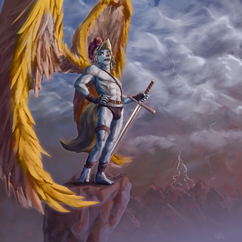 abs angel anthro armor bandolier belt biceps bulge canine classical clothing feathers flirting hand_on_hip helmet landscape lightning loincloth male mammal marsonaut melee_weapon muscular pecs storm sword two_handed_sword underwear weapon wings wolf