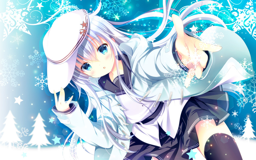 black_legwear black_skirt blue_eyes flat_cap hat hibiki_(kantai_collection) highres kantai_collection long_hair looking_at_viewer pleated_skirt school_uniform serafuku shirogane_hina silver_hair skirt snowflakes solo star thighhighs tree verniy_(kantai_collection) white_hat zettai_ryouiki