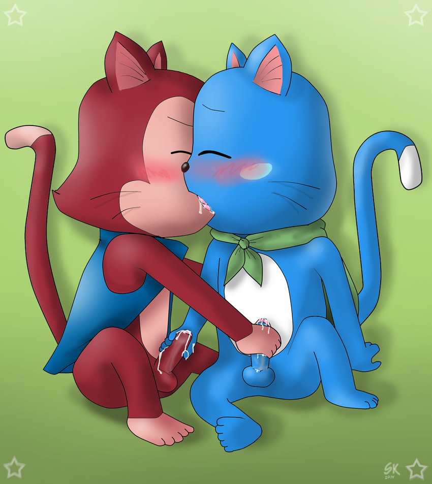 anthro balls blue_fur blush cat cum cum_on_hand duo erection exceed eyes_closed fairy_tail feline french_kissing fur green_background handjob happy_(fairy_tail) kissing lector_(fairy_tail) male male/male mammal penis red_fur saliva scarf sex simple_background skyoshi tongue uncut