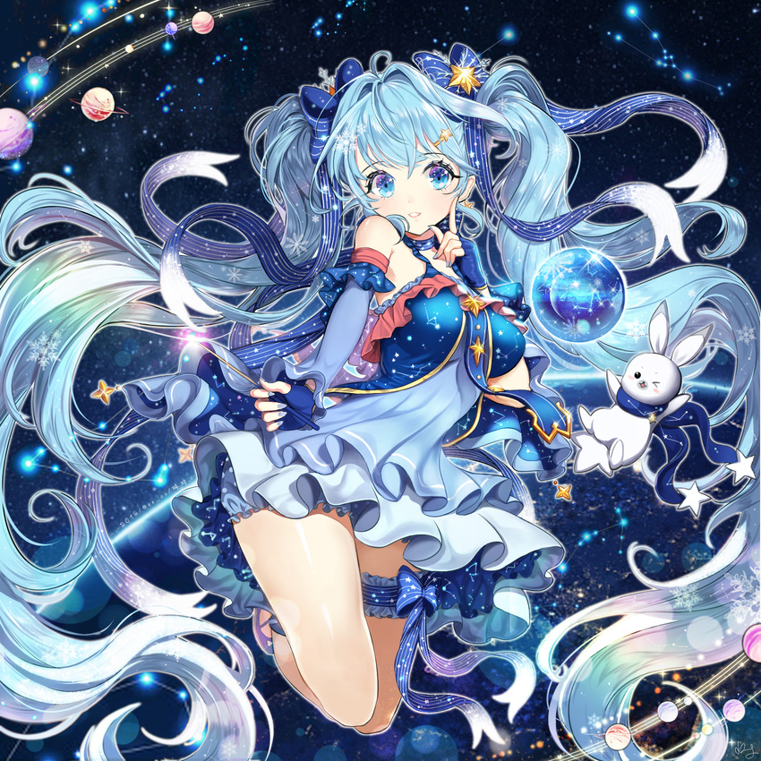 absurdly_long_hair bad_id bad_pixiv_id blue_bow blue_dress blue_eyes blue_gloves blue_hair bow bunny choker constellation_print detached_sleeves dress fingerless_gloves gloves hair_bow hatsune_miku highres index_finger_raised long_hair looking_at_viewer sleeveless sleeveless_dress star star_night_snow_(vocaloid) striped striped_bow thigh_strap ttaji_(pass35) twintails very_long_hair vocaloid yuki_miku yukine_(vocaloid)