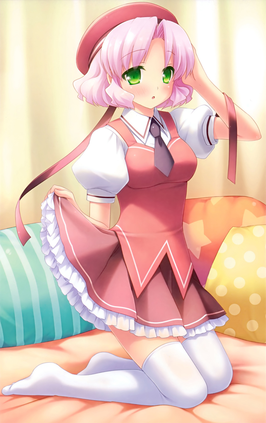 absurdres arm_up blush cafe_sourire green_eyes hair_ribbon hat highres kneeling looking_at_viewer mizushima_kasumi natsume_eri necktie open_mouth pink_hair puffy_short_sleeves puffy_sleeves ribbon school_uniform short_hair short_sleeves skirt skirt_lift solo thighhighs white_legwear