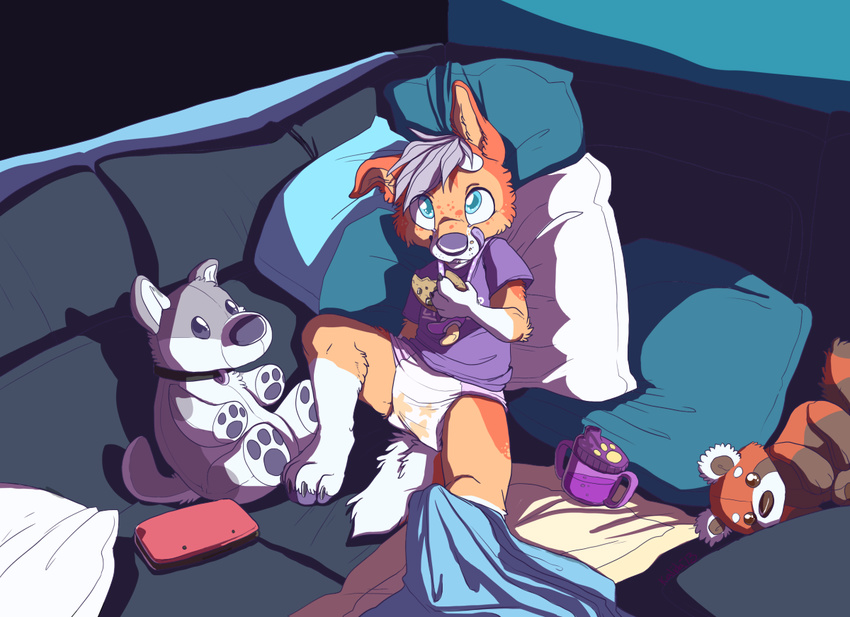 3ds anthro bedding blanket blue_eyes canine cookie cub diaper dog fink food fur hair husky kalida mammal nintendo orange_fur pawpads pillow plushie pull-up purple_hair red_panda sofa solo video_games young