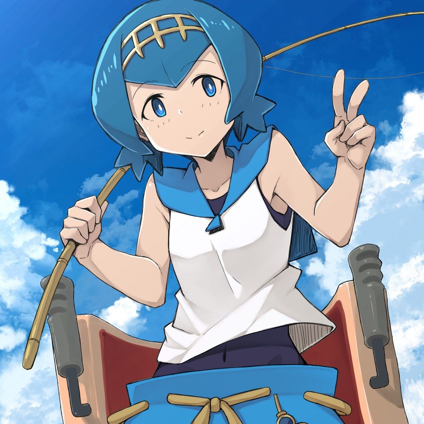 blue_eyes blue_hair blue_sailor_collar blue_sky bright_pupils cloud covered_navel day fishing_rod flipped_hair hairband highres holding holding_fishing_rod looking_at_viewer mzrz pokemon pokemon_(game) pokemon_sm sailor_collar shirt short_hair sky sleeveless smile solo suiren_(pokemon) swimsuit swimsuit_under_clothes trial_captain v white_shirt yellow_hairband