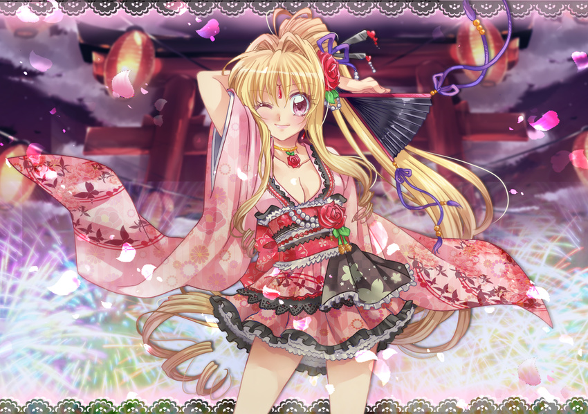 adapted_costume alternate_costume arm_up blonde_hair breasts choker cleavage closed_mouth cowboy_shot doily fan fireworks floral_print flower folding_fan gongitsune_(gongitune2) hair_flower hair_ornament kaitou_jeanne kamikaze_kaitou_jeanne kusakabe_maron lantern lolita_fashion long_hair medium_breasts obi one_eye_closed pink_eyes red_flower red_rose rose sash sidelocks skirt solo torii unmoving_pattern very_long_hair wa_lolita wide_sleeves