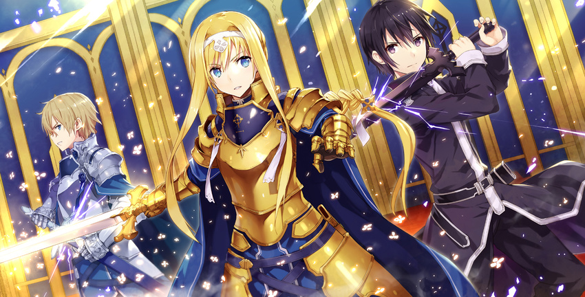 alice_schuberg armor black_eyes black_hair blonde_hair blue_eyes cape eugene_(sao) gabiran headband kirigaya_kazuto long_hair male sword sword_art_online weapon