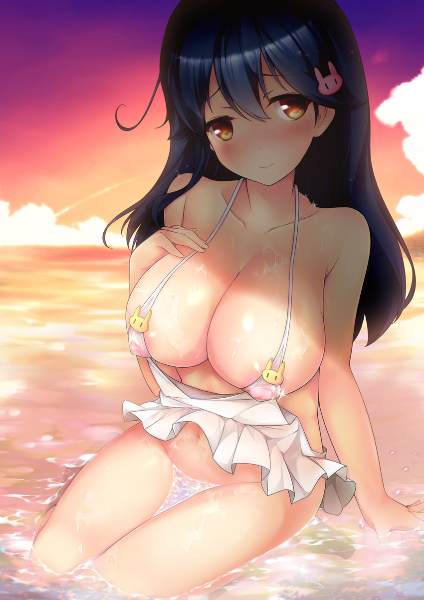 alternate_costume apron arm_at_side black_hair blush bottomless breasts brown_eyes bunny_hair_ornament chiyami closed_mouth cloud collarbone commentary_request covered_nipples dress evening full-face_blush hair_between_eyes hair_ornament hand_on_own_chest head_tilt highres horizon kantai_collection large_breasts long_hair looking_at_viewer naked_apron navel nipples no_panties ocean orange_sky partially_submerged see-through shiny shiny_skin sitting sky sleeveless sleeveless_dress smile solo stomach sunset ushio_(kantai_collection) wakamezake water wet wet_clothes wet_dress white_dress yokozuwari