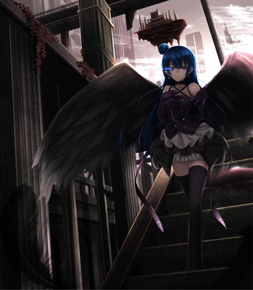bare_shoulders black_dress black_legwear black_wings blue_hair breasts dress elbow_gloves floating_island flower gloves hand_on_own_chest highres long_hair love_live! love_live!_sunshine!! orein outstretched_hand purple_eyes side_bun small_breasts smile solo stairs thighhighs tsushima_yoshiko wings zettai_ryouiki