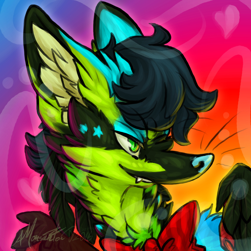 abstract_background aliasing avian black_fur blue_fur blue_hair bow_tie bust_portrait canine clothing enfield eros_miketo feathers feral fluffy fox fur green_eyes green_fur hair heterochromia hybrid idoodle2draw male mammal markings portrait reptile scalie smile solo