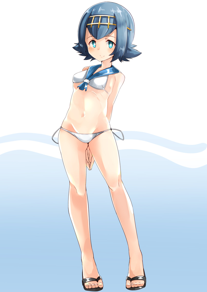 arms_behind_back bad_id bad_pixiv_id bikini blue_eyes blue_hair blue_sailor_collar bright_pupils elusya full_body gradient gradient_background groin hairband highres pokemon pokemon_(game) pokemon_sm sailor_bikini sailor_collar sandals short_hair side-tie_bikini solo standing suiren_(pokemon) swimsuit trial_captain white_bikini