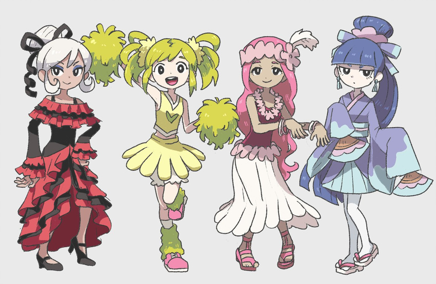black_eyes blonde_hair bloomers blue_hair bow commentary_request dress earrings fan flower gen_7_pokemon hair_bow hair_flower hair_ornament hair_ribbon high_heels hula japanese_clothes jewelry kimono leg_warmers lei long_hair looking_at_viewer makeup mascara mebuita multiple_girls oricorio personification pink_hair pokemon pom_poms ribbon sandals sidelocks skirt underwear white_background white_bloomers white_hair