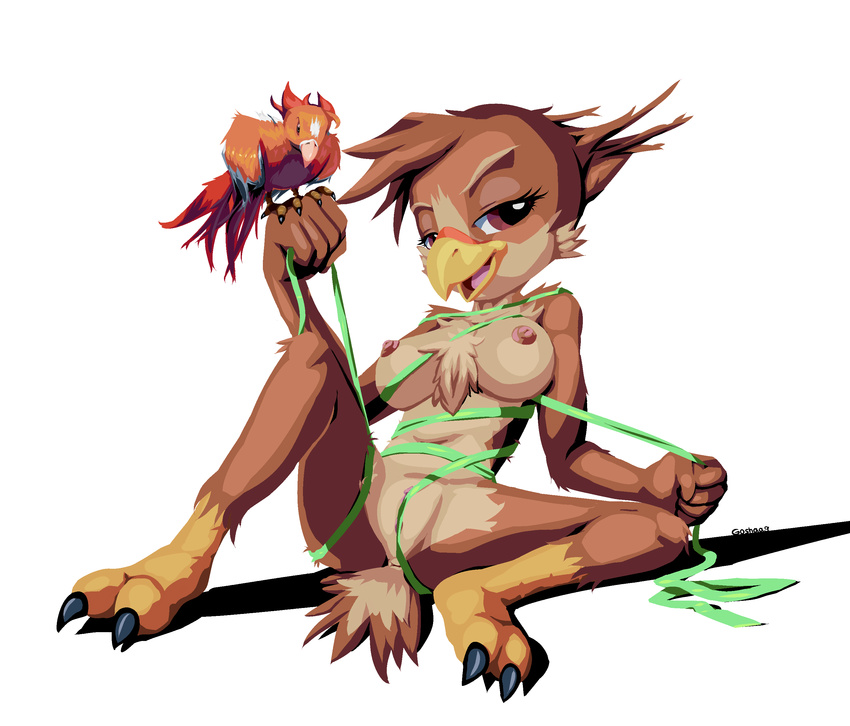 anthro anus avian avian_(starbound) beak bedroom_eyes bird brown_feathers chest_tuft claws duo erect_nipples feathers female feral goshaag half-closed_eyes looking_at_viewer navel nipples open_mouth presenting presenting_pussy purple_eyes pussy ruby_rustfeather seductive simple_background spread_legs spreading starbound talons toe_claws tongue tuft video_games white_background wrapped