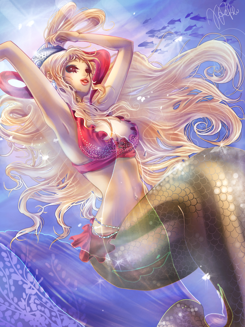 anthro armpits big_lips bikini bikini_top blonde_hair breasts clothing crackerbillie eyelashes female fin fish hair hi_res lips long_hair marine merfolk midriff navel one_piece pose scales shirahoshi swimsuit underwater underwear water