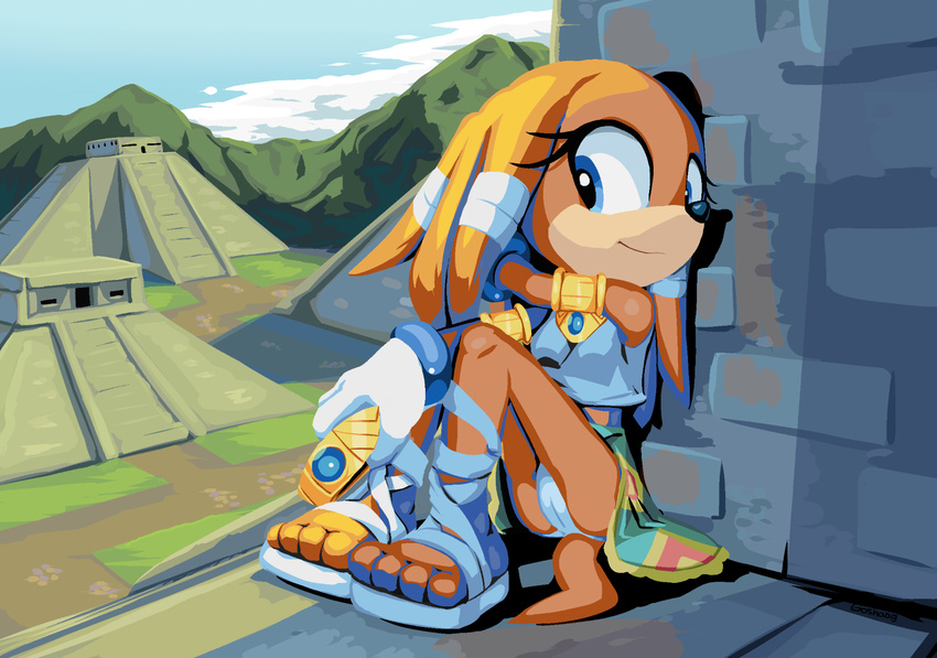 2016 anthro armlets black_nose blue_eyes breasts camel_toe clothed clothing echidna female footwear goshaag mammal monotreme sandals sitting solo sonic_(series) tikal_the_echidna upskirt