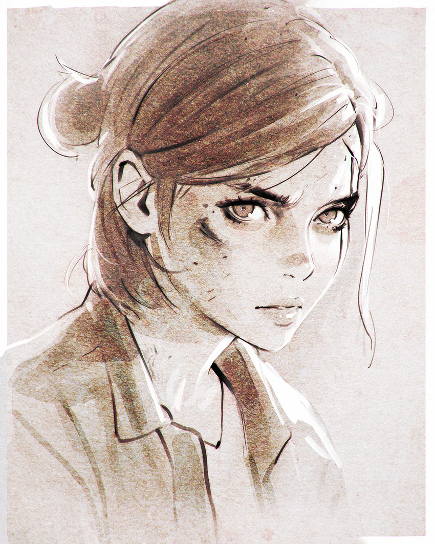 border brown closed_mouth cuts ellie_(the_last_of_us) eyelashes hair_bun half_updo highres ilya_kuvshinov injury lips looking_at_viewer monochrome short_hair solo the_last_of_us upper_body white_border