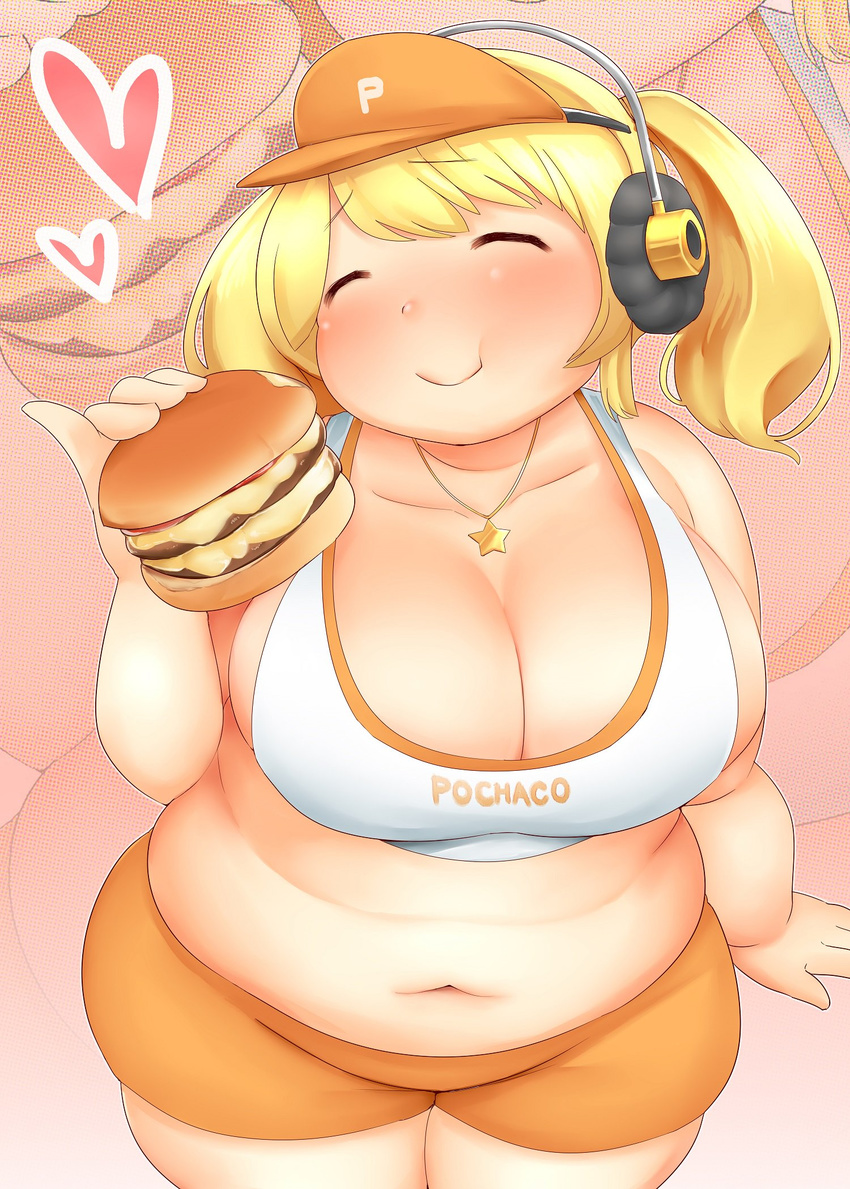 :&gt; :t ^_^ bike_shorts blonde_hair blush breasts character_name cleavage closed_eyes closed_mouth clothes_writing collarbone crop_top fat food foodgasm fusa_(starless2323) groin hamburger head_tilt headphones heart highres holding holding_food jewelry large_breasts necklace nitroplus pinky_out shirt smile solo star star_necklace super_pochaco torn_clothes torn_shirt twintails visor_cap zoom_layer