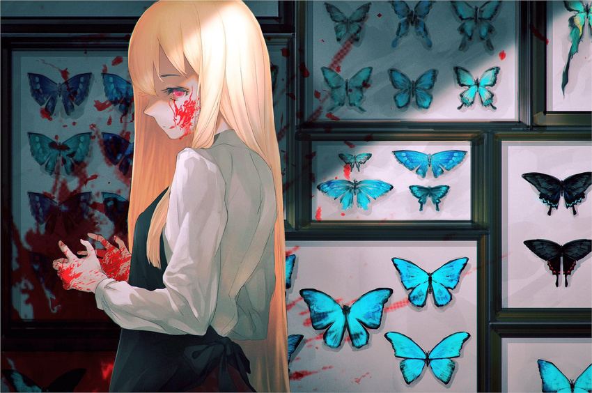 apron bangs black_apron blonde_hair blood blood_on_face blood_splatter bloody_hands bug butterfly commentary framed framed_insect from_side glowing glowing_eyes hair_between_eyes hands_up highres insect licking_lips long_hair long_sleeves looking_at_viewer looking_back nonokuro original picture_frame red_eyes shade shaded_face shadow shirt solo straight_hair tongue tongue_out very_long_hair white_shirt