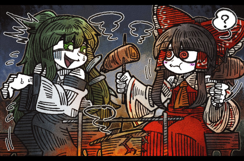 2girls ? al_bhed_eyes ascot black_hair blue_skirt blush_stickers bow campfire commentary cooking detached_sleeves eating eyebrows_visible_through_hair fallout flying_sweatdrops full_mouth green_eyes green_hair hair_bow hair_ornament hair_tubes hakurei_reimu kochiya_sanae letterboxed line_shading long_hair multiple_girls nervous_smile pot red_bow red_eyes red_shirt red_skirt shirt sidelocks sitting skirt smoke snake_hair_ornament spoken_question_mark suenari_(peace) sweat touhou turn_pale very_long_hair wavy_mouth white_shirt white_skin white_sleeves