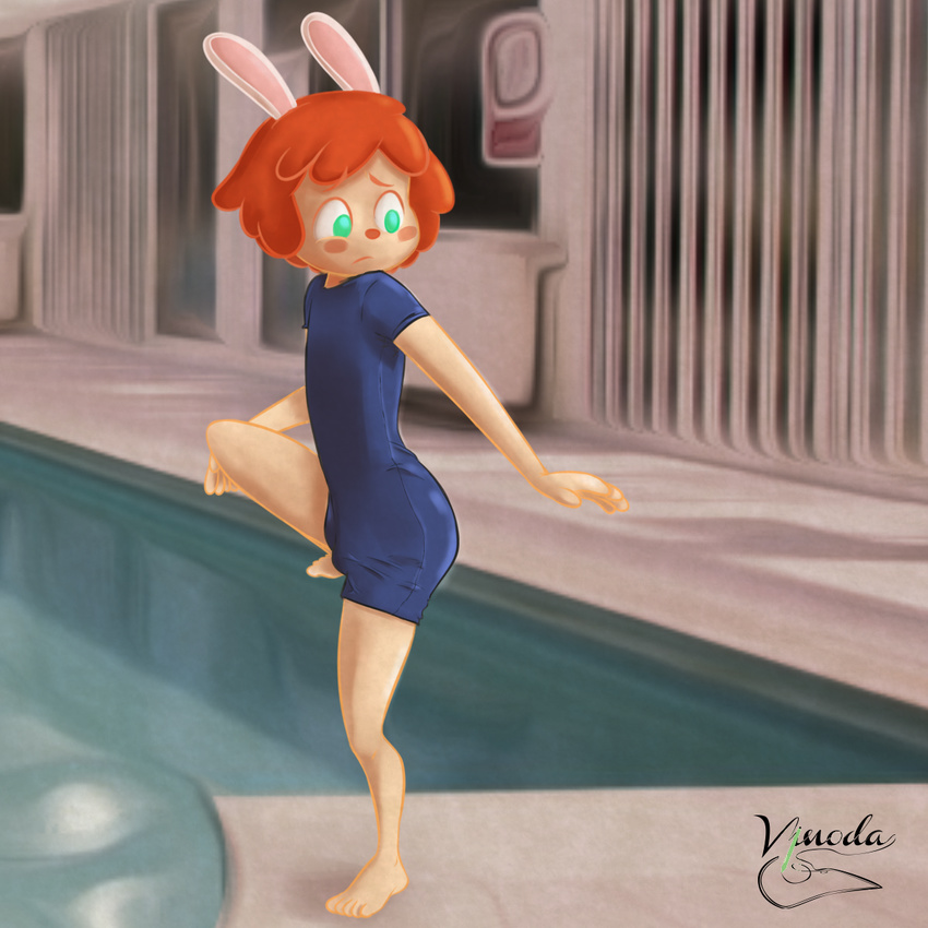 bulge clothing cub cucumber cucumber_quest food invalid_tag lagomorph male mammal rabbit swimming_pool swimming_suit swimsuit vegetable vinoda young