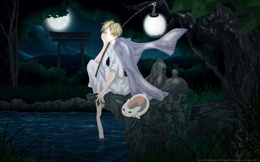 all_male animal blonde_hair cat cilou madara male natsume_takashi natsume_yuujinchou night short_hair tree vector water yellow_eyes