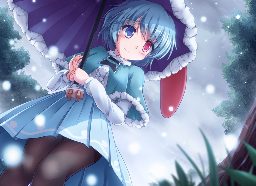 blue_eyes blue_hair blush capelet commentary_request dress_shirt eyebrows_visible_through_hair fur_trim heterochromia high-waist_skirt karakasa_obake long_sleeves lzh pantyhose pleated_skirt red_eyes shirt skirt snowing solo tatara_kogasa thighband_pantyhose touhou umbrella upskirt wavy_mouth white_shirt wild_and_horned_hermit winter