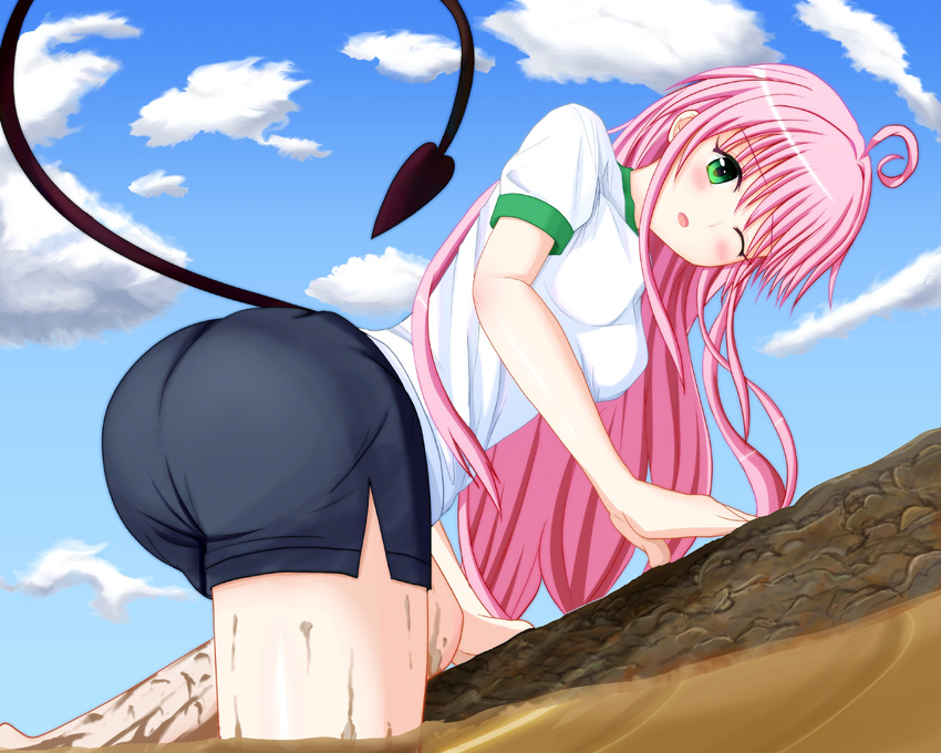 1girl ahoge artist_request ass blush breasts demon_girl demon_tail green_eyes gym_clothes lala_satalin_deviluke leaning leaning_forward long_hair mud one_eye_closed open_mouth pink_hair shiny shiny_hair shiny_skin shorts solo tail to_love-ru very_long_hair wince