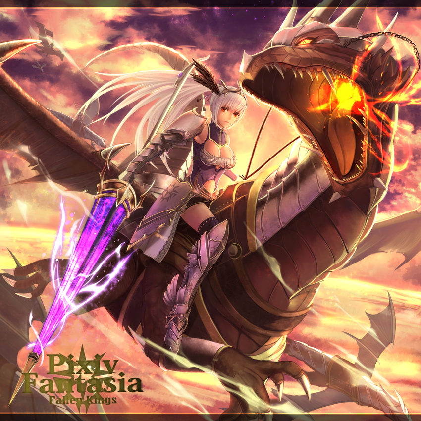 1girl boots breasts dragon long_hair pixiv_fantasia pixiv_fantasia_fallen_kings ponytail red_eyes solo spear very_long_hair weapon white_hair wings yazuwo