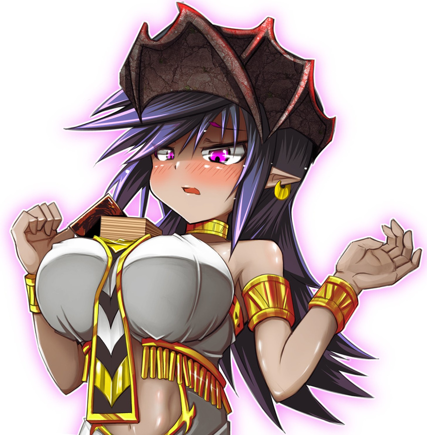 1girl blush bracelet breasts card dark_skin darklord_ixchel deck demon_girl demon_wings duel_monster earring eyebrows eyelashes head_wings jewelry large_breasts midriff navel necklace pointy_ears purple_eyebrows purple_eyes purple_hair solo spirit-edge yu-gi-oh! yuu-gi-ou_duel_monsters