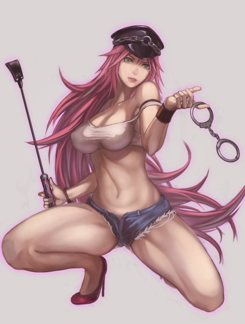 1girl bad_id blue_eyes breasts denim denim_shorts final_fight hat large_breasts long_hair pink_hair poison_(final_fight) shorts solo tank_top very_long_hair yazuwo