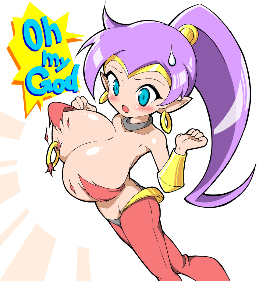 1girl breasts bursting_breasts dark_skin female large_breasts over_hundred purple_hair shantae shantae_(character) solo wardrobe_malfunction