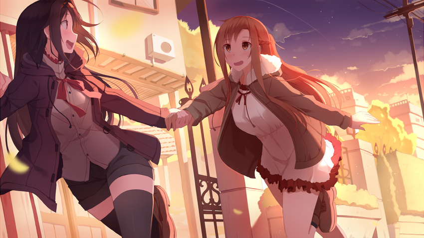 asuna_(sao) black_hair black_legwear black_shorts boots bow bowtie braid brown_footwear buttons character_request dress dutch_angle evening fence fur-trimmed_jacket fur_trim half_updo holding_hands hood hooded_jacket jacket long_hair long_sleeves multiple_girls open_mouth orange_eyes orange_hair power_lines red_bow red_neckwear rizky_(strated) running shirt shorts sidelocks smile sword_art_online thighhighs utility_pole white_dress white_shirt yuuki_(sao)