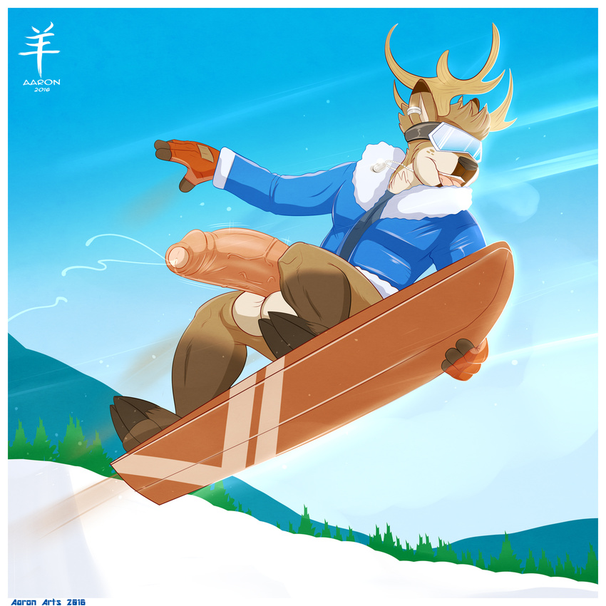 2016 aaron_(artist) action_pose anthro antlers balls big_balls big_penis board bottomless brown_fur cervine clothed clothing deer detailed_background digital_media_(artwork) extreme_sports fur gloves half-erect hi_res hooves horn huge_balls huge_penis humanoid_penis male mammal manly mature_male muscular muscular_male nipples open_mouth outside pecs penis pose precum sky smile snow snow_goggles snow_jacket snowboard snowboarder solo tongue tongue_out topless tree uncut vein veiny_penis white_fur winter