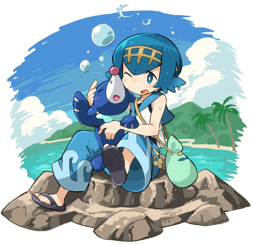 bag baggy_pants blue_eyes blue_hair blue_sailor_collar bright_pupils bubble capri_pants cloud day gen_7_pokemon gunjima_souichirou hairband highres one_eye_closed open_mouth pants pokemon pokemon_(creature) pokemon_(game) pokemon_sm popplio sailor_collar sandals short_hair sitting sitting_on_rock sky suiren_(pokemon) trial_captain