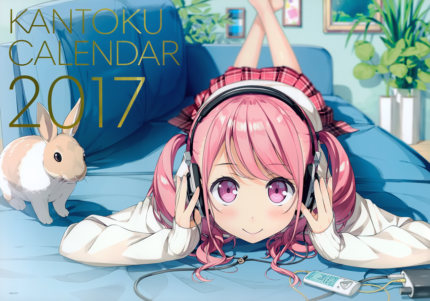 2017 absurdres bad_id bad_yandere_id bangs blurry bunny closed_mouth couch crossed_ankles depth_of_field digital_media_player english eyebrows_visible_through_hair feet_up headphones highres holding_headphones huge_filesize indoors kantoku kurumi_(kantoku) long_hair long_sleeves looking_at_viewer lying on_couch on_stomach original painting_(object) pink_hair plaid plaid_skirt plant pleated_skirt potted_plant purple_eyes red_skirt skirt sleeves_past_wrists smile solo sweater two_side_up wavy_hair white_sweater