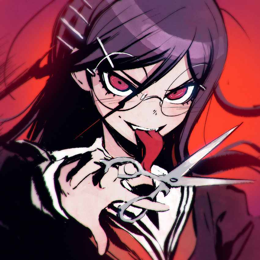 :d :p black_hair black_serafuku blurry danganronpa evil_grin evil_smile fangs fukawa_touko genocider_shou glasses grin hair_ornament holding holding_scissors ilya_kuvshinov long_hair looking_at_viewer open_mouth red_eyes round_eyewear sanpaku school_uniform scissors serafuku smile solo tongue tongue_out upper_body v-shaped_eyebrows