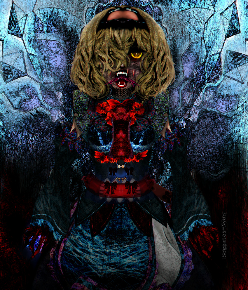 absurdres alice_margatroid artist_name blonde_hair blood bloody_hands bow commentary crystal dress english_commentary fangs ghoul hairband highres horror_(theme) huge_filesize jewelry lolita_hairband magic md5_mismatch monster necklace open_mouth perfect_cherry_blossom red_bow sash short_hair soggates-nyan_(amurka-chan) solo text_focus thread tongue touhou yellow_eyes